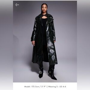 River Island Faux Leather Croc Trench Coat in Dark Green